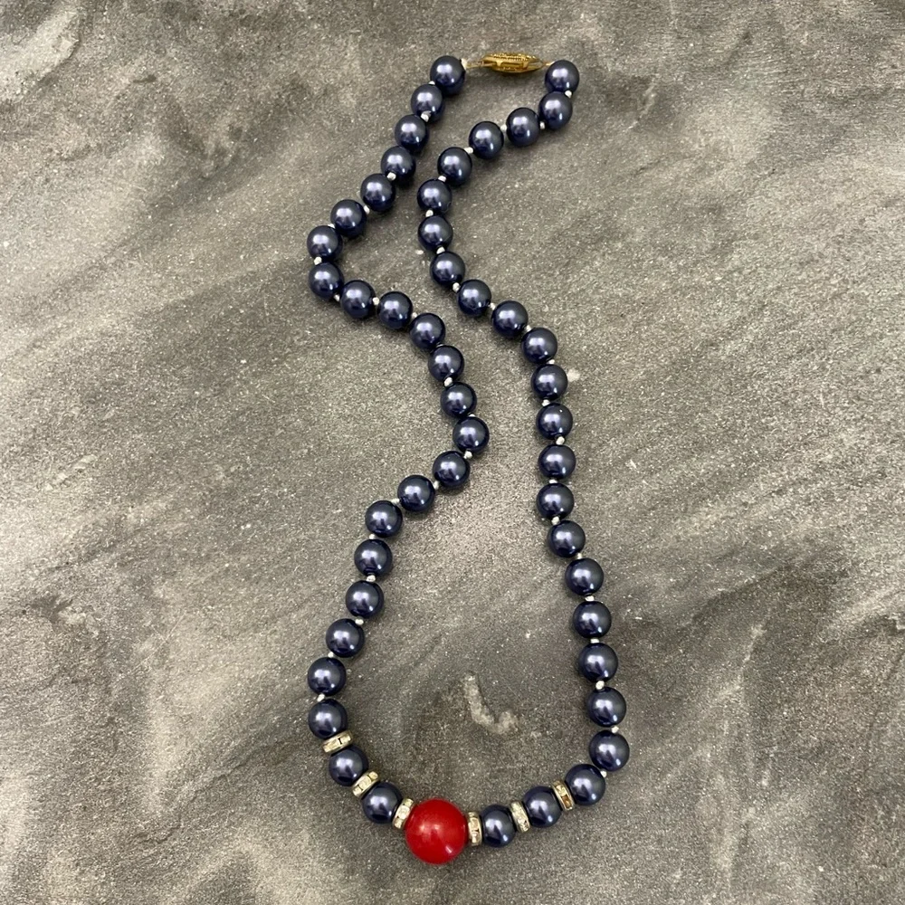 Vintage Blue Pearl Red Gemstone Beaded Necklace